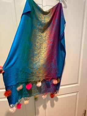 Vibrant Rainbow Tassel Scarf with Pom-Poms